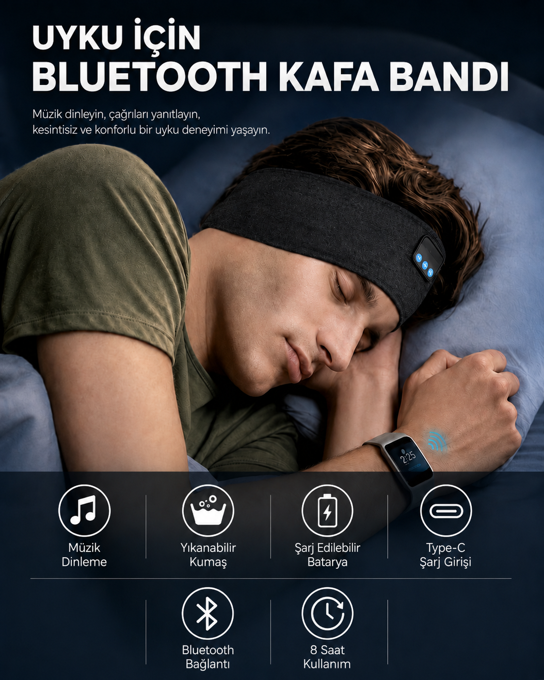 PodsSet Kablosuz Bluetooth Uyku ve Spor Bandı